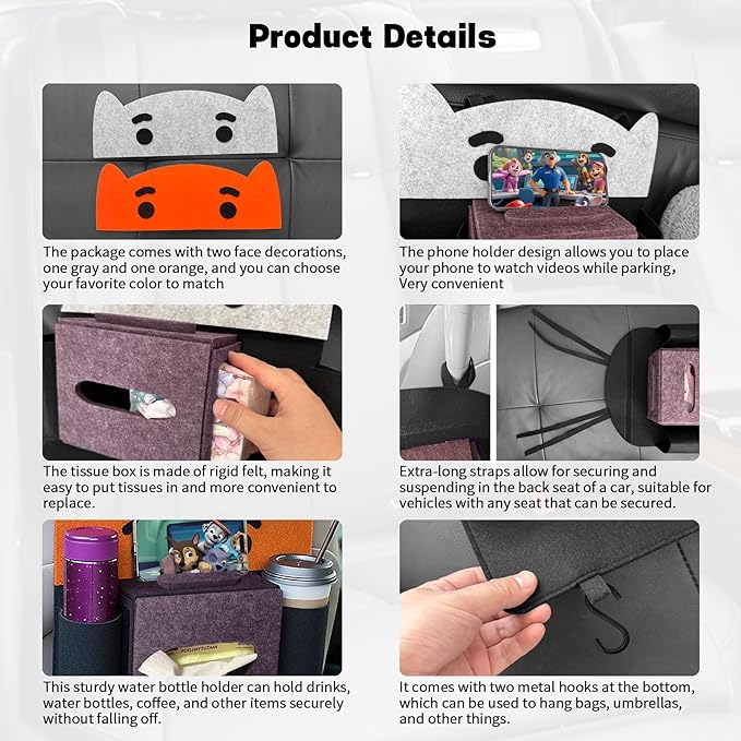 Backseat Car Organizers Felt Storage Box Hanging Storage Pocket Auto Travel Essentials Accessories for Kids & Adults, Universal for Most Cars With 2 Detachable animal-face