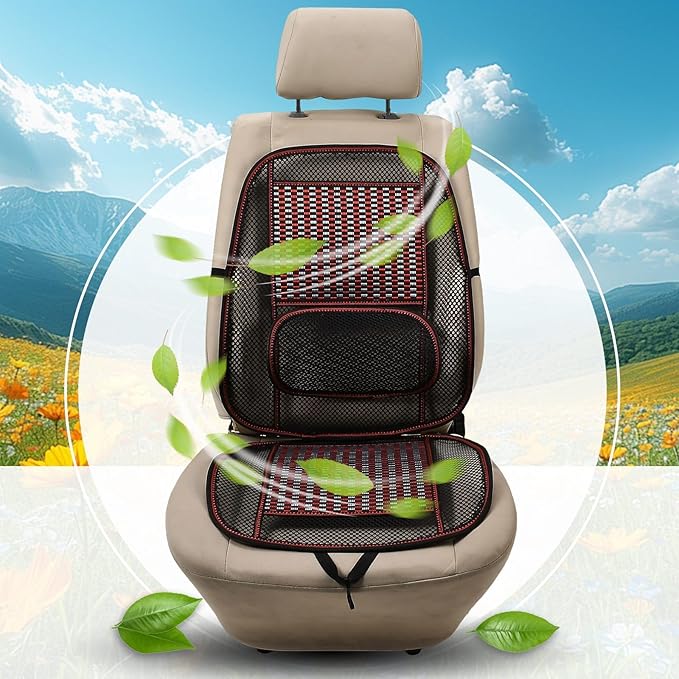 JSCARLIFE Breathable Car Seat Cushion, Summer Cooling Bamboo Single Seat Pad with 3D Lumbar Support - Airbag Compatible Driver Seat Mat for Long Drive Fatigue Relief