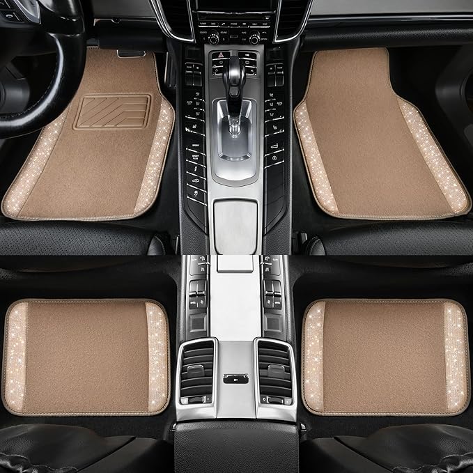 CAR PASS Bling Car Mats Shining Diamond Carpet Crystal Rhinestones Sparkly Glitter Floor Mats with Anti-Slip PVC Heel Pad Universal Fit for Automotive SUV, Sedan, Car, Van, 4pcs for Girl Women, Beige