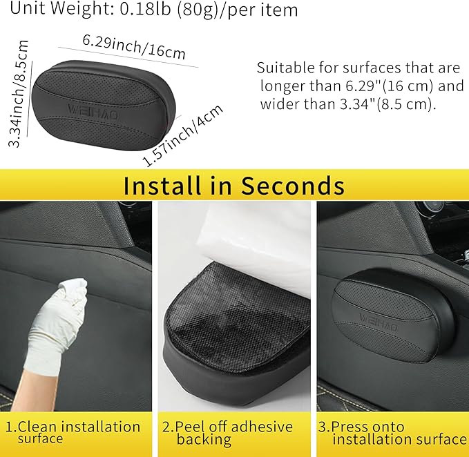 Car Knee Cushion Pad, Car Door Knee Pad Rest Cushion, Center Console Car Knee Pad Protector, Memory Foam Compact Knee Support with Hook & Loop, Nappa Leather Car Knee Support Cushion (Black-1 PC)
