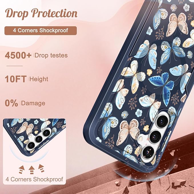 for Samsung Galaxy A16 5G Phone Case - Compatible with MagSafe Women Girls Cute Magnetic Protective Cover Girly Kawaii Blue Butterfly Heavy Duty Shockproof Design for Samsung A16 5G Case