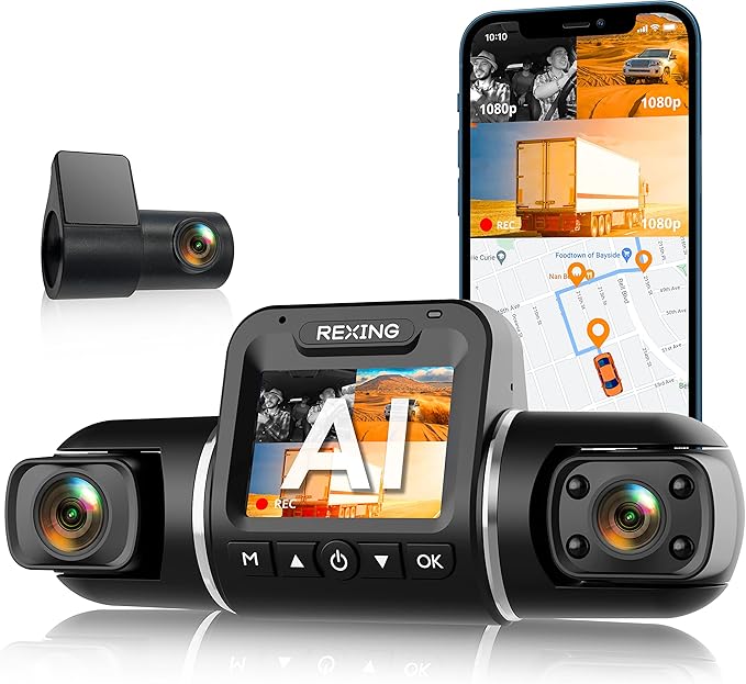 RexingUSA V2 PRO AI Dash Cam 3-Channel Front/Cabin/Rear 1080p Recording with Mobile App Night Vision Camera w/Front Collision Warning, Pedestrian Alert, Lane Departure Warning,Clear to Go Alert