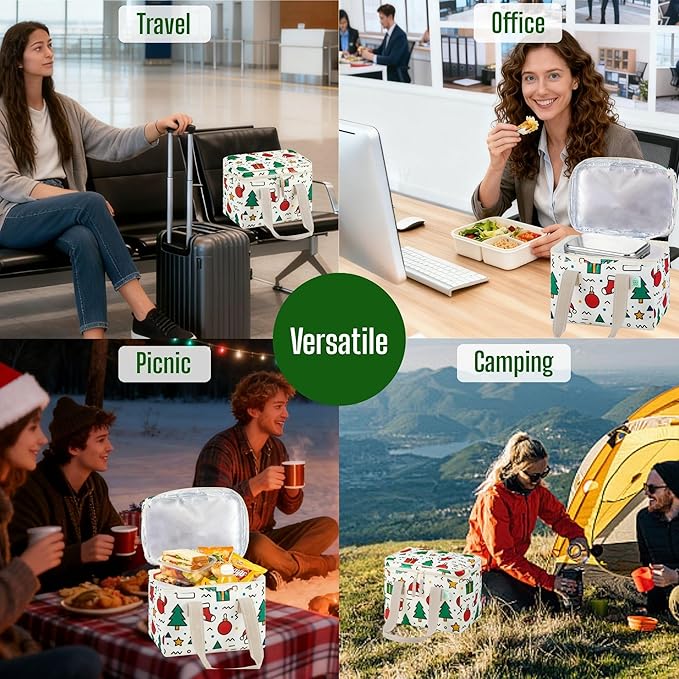 VENO 2 Pack Christmas Insulated Lunch Bag for Women Men, Reusable Lunch Box Grocery Shopping Bag Small Cooler with Handles Zippers for Work Office Picnic Beach (Jingle Mix)