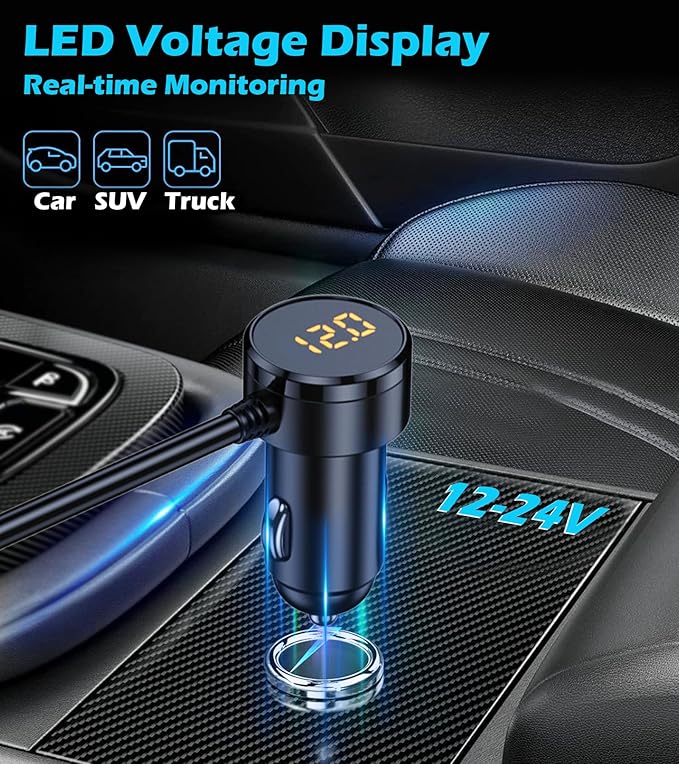 LIHAN 7-1 Cigarette Lighter Splitter,12V/24V Car Charger Adapter with 3 Socket Expander,PD30W Type-C,QC3.0 & Dual USB Ports,Independent Switches,Voltage Display,3.3FT Extension Cord fit Truck RV SUV