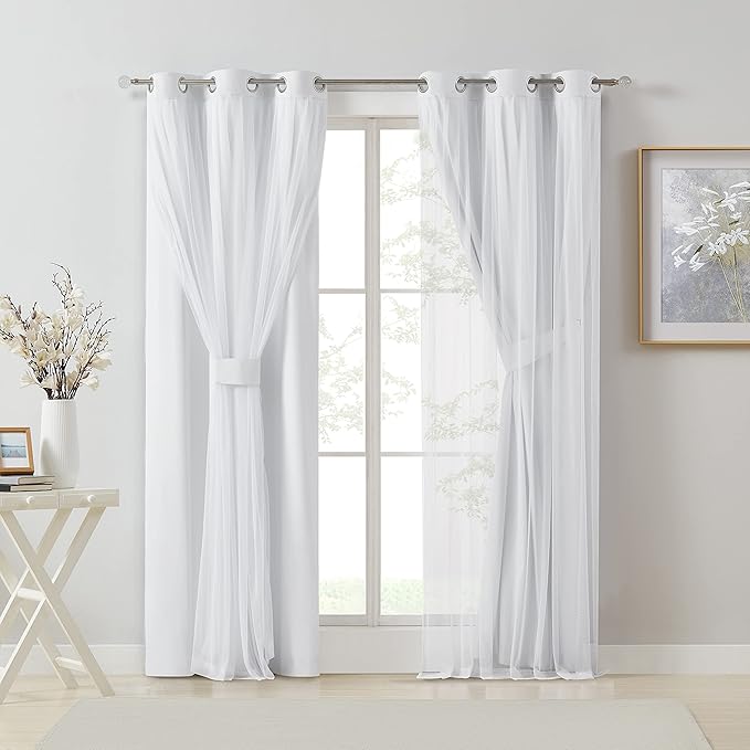 Bujasso White Full Blackout Curtain Panels with Sheer Overlay Mix and Match Double Layer Thermal Insulated Window Treatment Set for Living Room White Drapes with Tiebacks Grommet Top 37" Wx63 Lx2