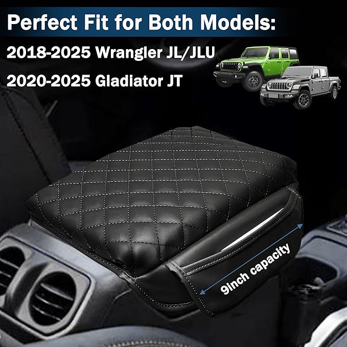 Center Console Cover for Jeep Wrangler JL 2018-2026 & Gladiator JT 2020-2026 1.2in Thickness Armrest Cover Leather Arm Rest Lid Protector Cushion Pad with Stroage Pockets Interior Accessories (Black)