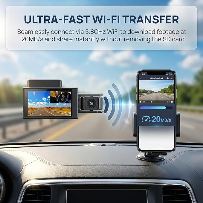 3 Channel Dash Cam 4K+1080P+1080P, 3 Inch IPS Screen, 5.8GHz/2.4G Dual Band WiFi Dash Camera for Cars, 20MB/s Fast Download, Built-in GPS, WDR Night Vision, 170° Wide Angle, G-Sensor, Loop Recording