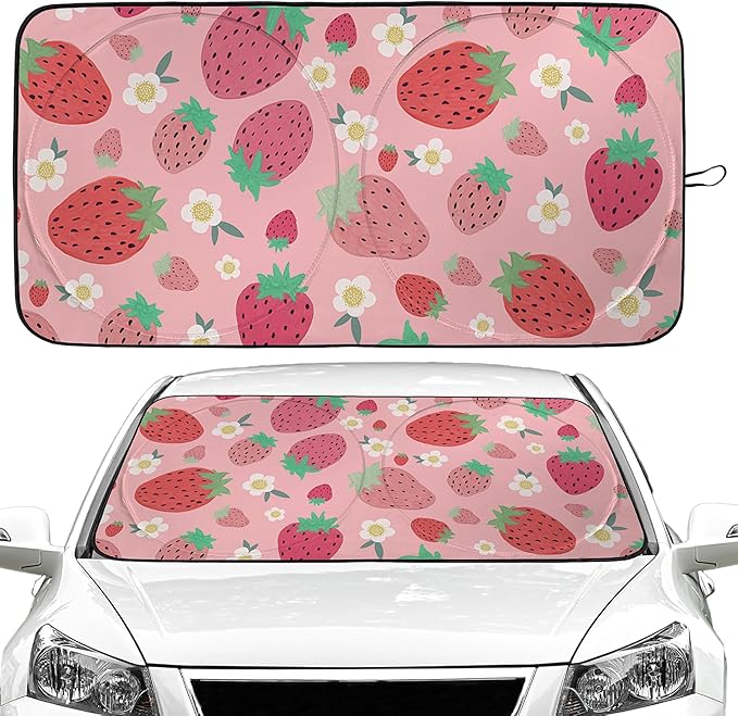 Strawberry Car Windshield Sun Shade Foldable Sunshade Front Window Cover Sun Visor Protector Accessories (59x27.5 inches)
