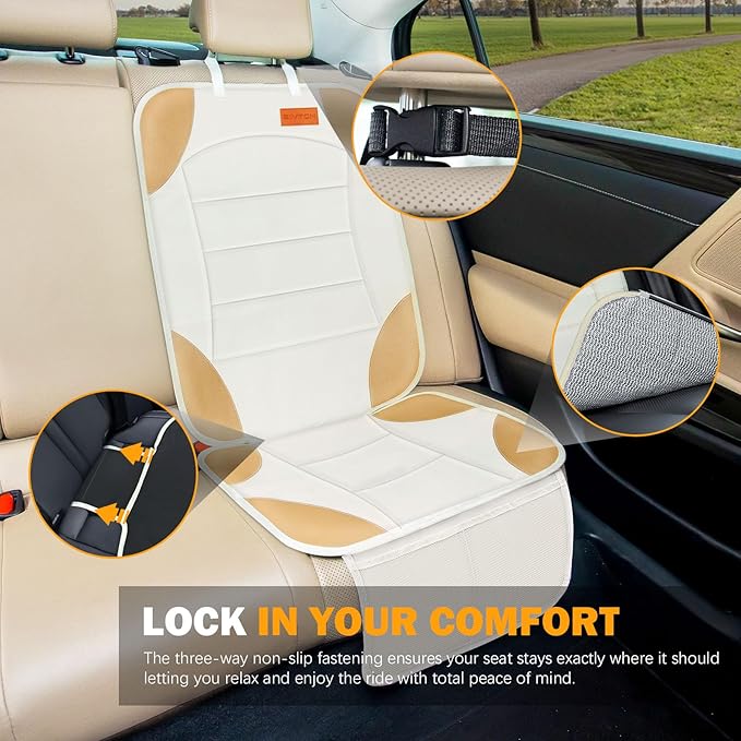 Siivton Car Seat Protector for Child Car Seats, Waterproof 600D Fabric Car Seat Cover, Non-Slip Backing, Thick Padding, Mesh Pockets for Storage, Protects Leather & Fabric Upholstery (Off-White)