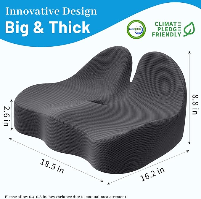 Seat Cushion, Memory Foam Office Chair Cushions, Ergonomic Curved Design for Sciatica, Tailbone, Coccyx, Seat Support for Car, Desk Chair, Wheelchair, Enhances Long Sitting Comfort (Grey)