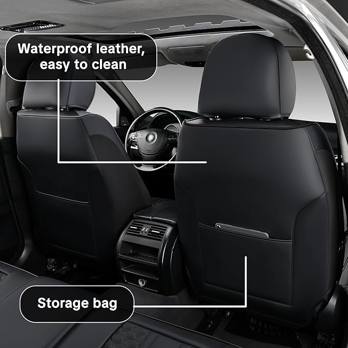 Black Universal Car Seat Covers Premium Nappa Leather with Lumbar Support Waterproof Full Set Non-Slip Contoured Fit Airbag Compatible Fits Most Vehicles Easy to Clean and Install