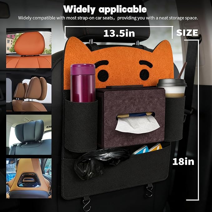 Backseat Car Organizers Felt Storage Box Hanging Storage Pocket Auto Travel Essentials Accessories for Kids & Adults, Universal for Most Cars With 2 Detachable animal-face