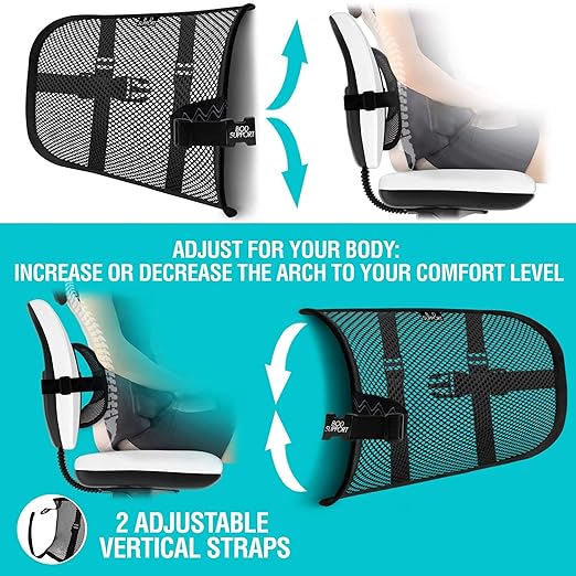 Lumbar Support - Breathable Mesh Office & Car Chair Back Support with Double Adjustable Straps for All-Day Comfort