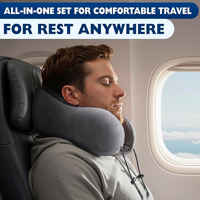 Plane Neck Pillow for Long Flights – 4-in-1 Set | Adjustable Memory Foam Gray Airplane Pillow Neck Support, Eye Mask, Earplugs, & Cover | Soft Washable Cotton Cover, Button Closure – Comfort Traveling
