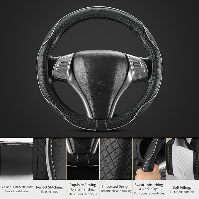 Leather Car Steering Wheel Cover,Anti-Slip, Safety,Soft, Breathable, Heavy Duty,Thick,Full Surround, Sports Style,Universal Car Accessories for Women Men Fit 14" 1/2-15"(Black with Gray line)