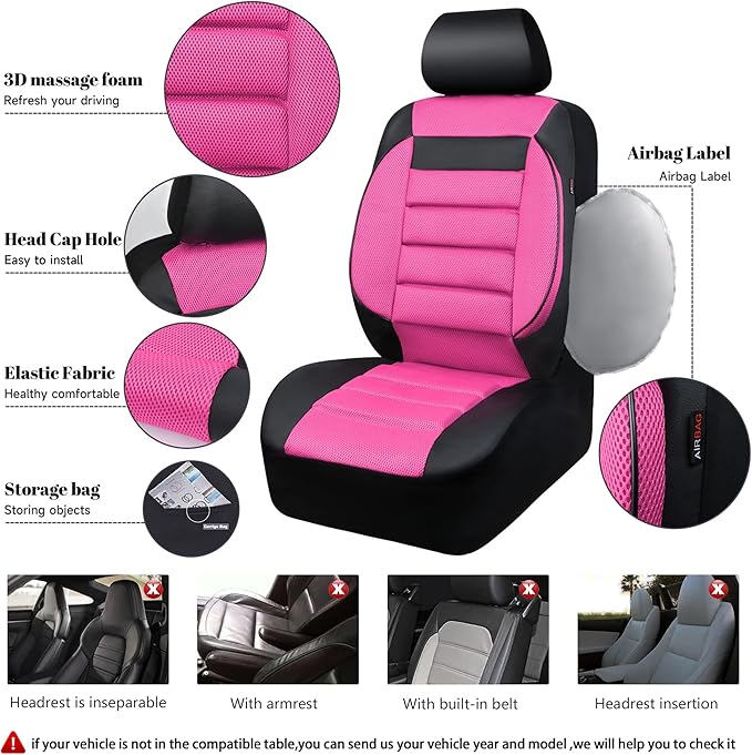CAR Pass Leather 3D Foam Back Support Car Seat Covers Full Set Air Mesh Automotive Seat Covers, All Season Car Seat Cover Fit Automotive,SUV,Sedan,Van, Airbag Compatible Elegance (Black and Pink)