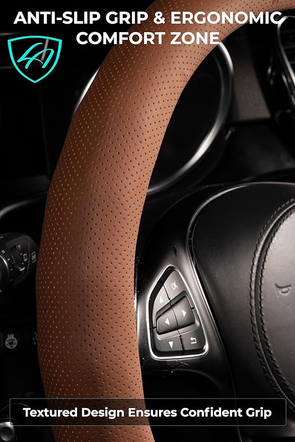 Lord Autofashion Steering Wheel Cover – PU Leather, Non-Slip Rubber Inner, All-Season Comfort – 14.5–15 Inch (Orange 8571)