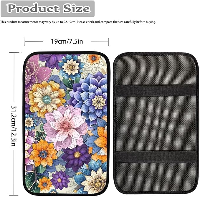 JoyLamoria Auto Center Console Cover Boho Floral Print Car Armrest Cover Universal Fit Comfort Armrest Cushion for Car Seat Handrail Box