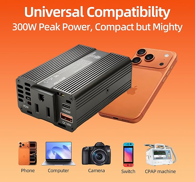 BESTEK Power Inverter DC 12V to AC 110V - 200W Car Plug Adapter Outlet PD 30W USB-C & QC18W USB-A Fast Charging Port - Car Charger Cigarette Lighter Adapter for Phone, Laptop - ETL FCC Certified