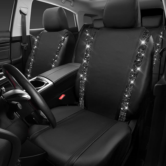 CAR PASS Bling Diamond Car Seat Covers, Shining Rhinestones Waterproof Faux Leather, 7 Seats 3 Rows with Zipper Glitter Crystal Sparkle Strips Universal Fit 95% MPV,SUV,CAR for Women Girl, Black
