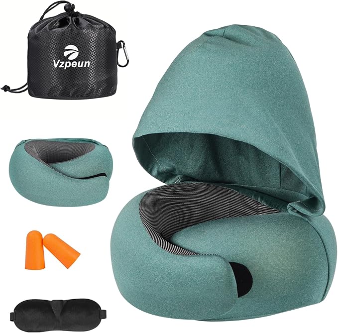 Travel Pillow - Hooded Neck Pillow Airplane Memory Foam Filling for Plane, Office, Cars Sleeping, Road Trip, Long Flights, Airplane Travel Essentials, Includes Eye Mask & Earplugs (Green)