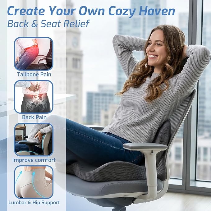 Seat Cushion,Memory Foam Chair Cushion for Office and Car,Ergonomic Coccyx Seat Cushion for Tailbone,Sciatic Nerve,Back Pressure Relief,Lumbar Support Pilow for Office,Car,Truck,Desk Chair