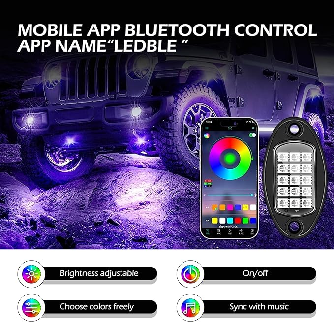 4 PCS RGB LED Rock Lights, LEDs High Brightness Waterproof Neon underglow Kit with Bluetooth App Control Flashing Music Mode, Wheel Well Light for Trucks, SUV, Golf Cart, ATV, Pickup