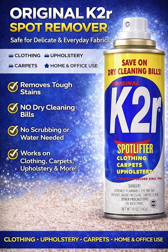 K2R SpotLifter Spot Remover Spray – Quick-Drying Stain Remover for Clothing, Carpets, Upholstery & Wallpaper – Built-In Brush Cap for No-Mess Touch-Ups – 10oz (3, 1)
