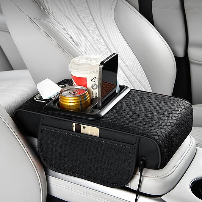 Car Armrest Box Mat - Multi-Functional Black Leather Center Console Cover Waterproof Height Enhancement Cushion with Storage Box Cup Tissue Phone Holder Card Pocket for Car Interior Accessory