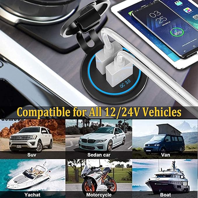 Pack of 2 x 36W Quick Charge 3.0 USB Car Charger Socket, 12V/24V Dual USB Quick Charge 3.0 Car Cigarette Lighter Adapter with Touch Switch for Motorcycle, Boat, Truck, Caravan