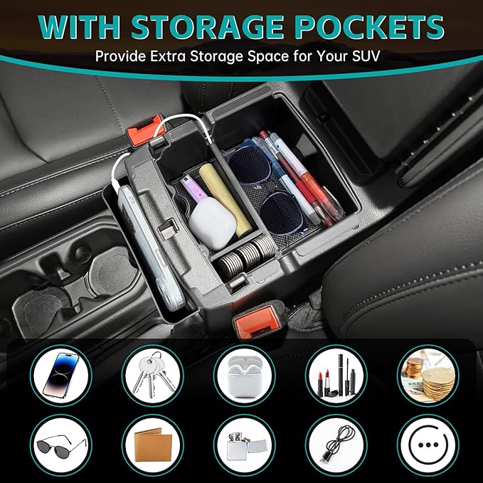 3PCS Center Console Organizer Combo Kit Compatible with 2018-2026 Jeep Wangler JL JLU 4xe Rubicon Sahara & Gladiator JT Accessories, Insert/Hanging Armrest Storage Box & Gear Shift Side Tray