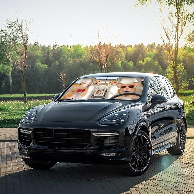 CHILLTEK Funny Animal Car Windshield Sun Shade, Cute Hamster Car Sun Shade, Block UV Rays Heat Foldable Windshield Umbrella Sun Visor Protector - Keep Vehicle Cool for Cars SUV