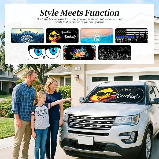 63"x28.5" Car Windshield Sun Shade with Storage Pouch, Stylish Printed Front Window Sunshade with Double Ring Frame, Universal Fit Foldable Heat Blocker & UV Protector for SUV, Sedan (Duck)