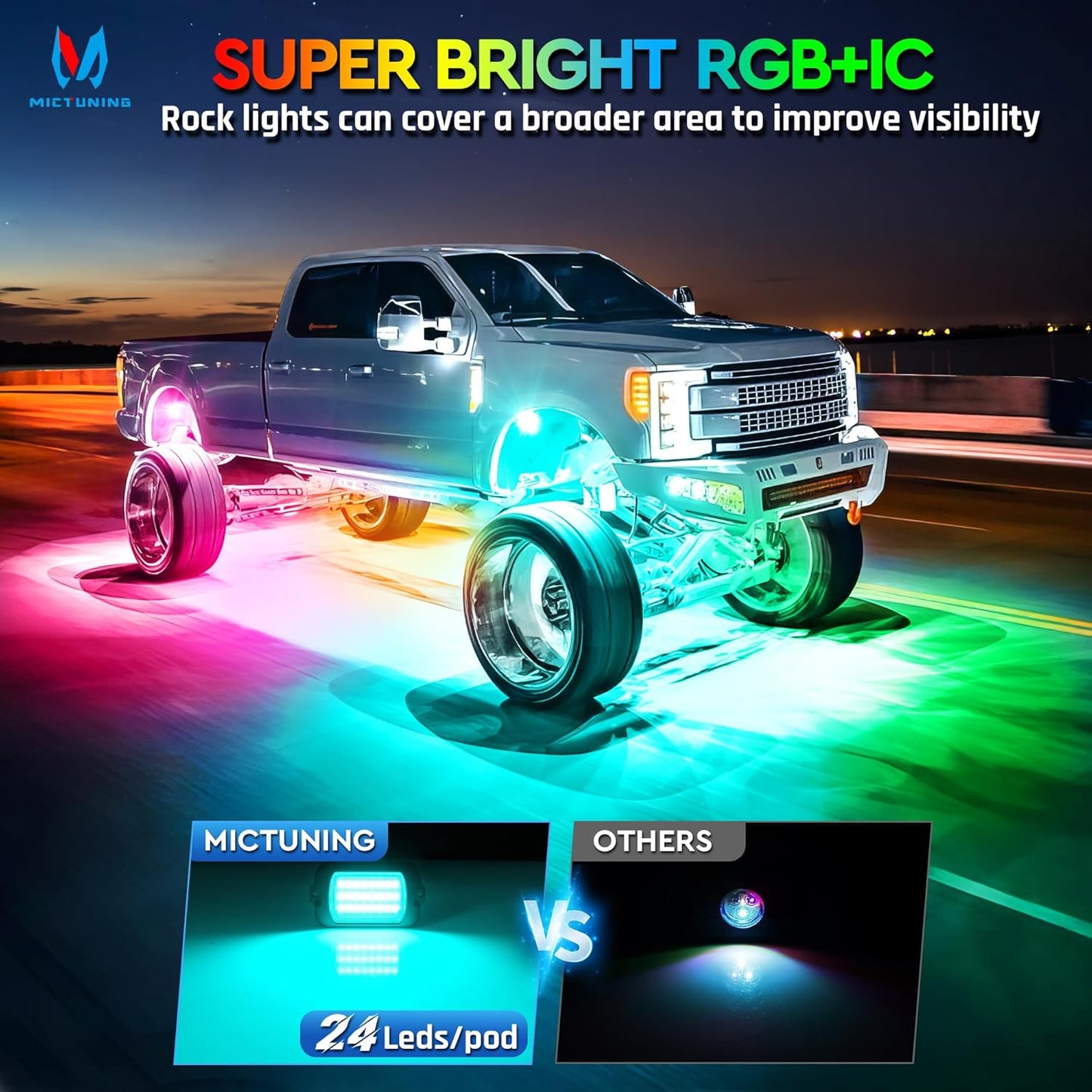 MICTUNING 2025 1000% Bright Q1 MAX RGB+IC Rock Lights, 8 Pods Chasing Dreamcolor Extensible Underglow Multicolor Neon Light Underbody Lighting Kit with APP Control for Truck ATV UTV Boat