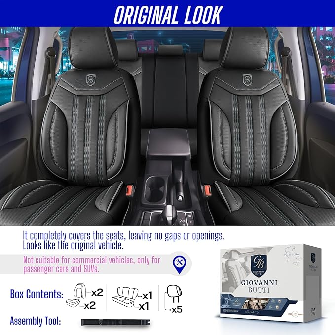 Premium Car Seat Covers Front Seat - Nappa Leather Car Seat Cover for SUV, Cars, Most Pickups, Black-Grey Stitching, Car Seat Protector, Car Seat Covers Front Seats, Car Seat Protector