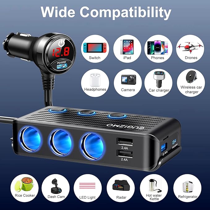Cigarette Lighter Plug Splitter Adapter, EUGIZMO 222W Multi Port Power Plug Car Charger Adapter for Plug Outlet 12V 3 Socket Splitter Car Cigarette Lighter USB Charger with LED Independent Switches