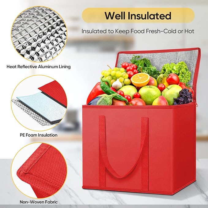 BALEINE 2Pk Insulated Reusable Grocery Bags, Collapsible Cooler Bag for Groceries, Heavy Duty Large Insulated Bag (16''x9''x13'', Bright Red)