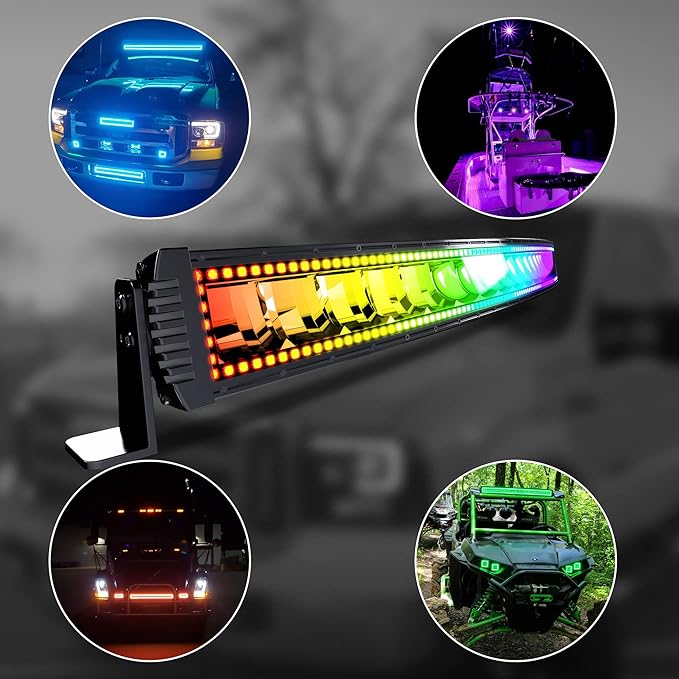 52" Curved RGB LED Light Bar 2X 4 Flood LED Pods with Chasing RGB Halo 16 Solid Colors Offroad Driving Fog Lights with Switch Wiring Harness