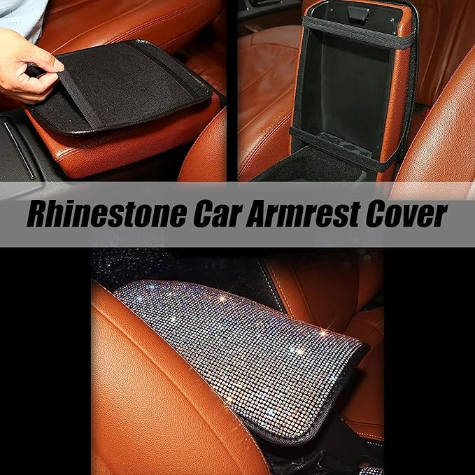 ZKFAR Pack-1 Bling Car Armrest Cover, 8.66" x 11.81" Cute Charming Auto Center Console Protective Cover, Luster Crystal Rhinestone Car Arm Rest Cushion Pad (Pink)