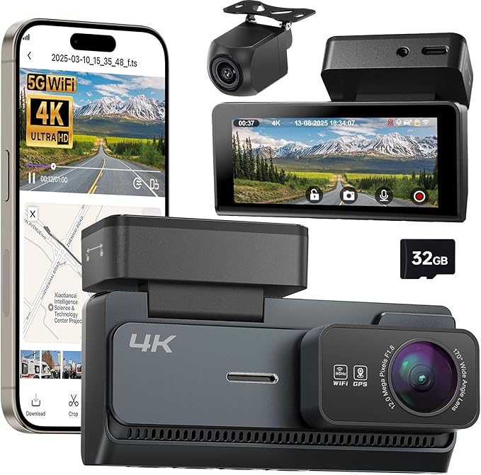 4K+2K Dash Cam Front and Rear, 5G WiFi GPS, 32GB Card Included, 3.39" Screen Dual Dashcam, G-Sensor, 24H Parking Mode, WDR, Dash Camera for Cars