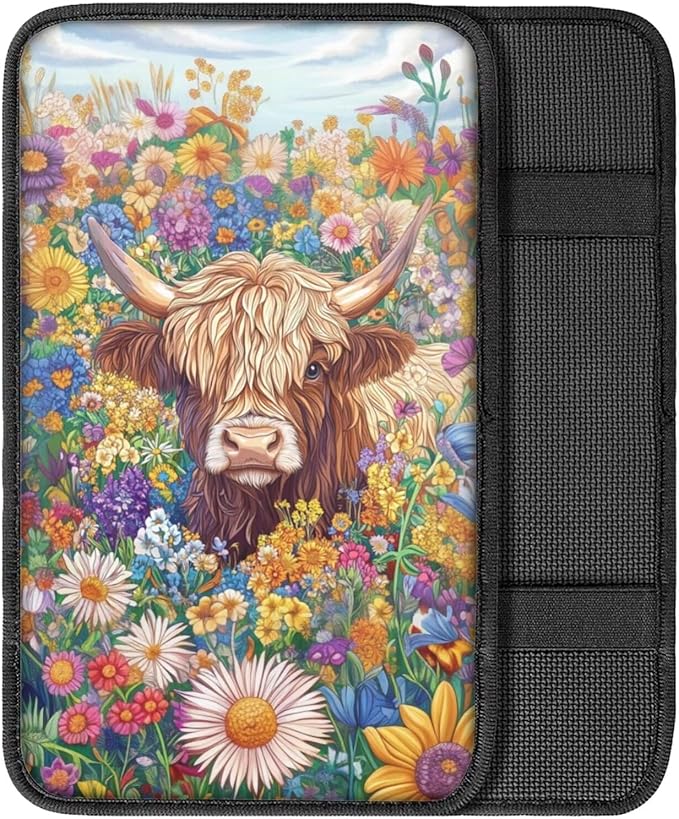 Dreaweet Highland Cow Car Accessories Center Console Cover Soft Armrest Cover for Car Truck SUV Center Console Cushion Pad Car Armrest Seat Box Cover Protector