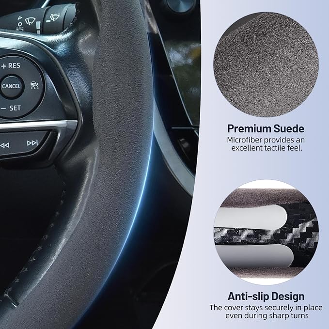 Suede Steering Wheel Cover, Universal 15 Inch Car Steering Wheel Cover, Non-Slip Design,Breathable,Car Interior Accessories Gray