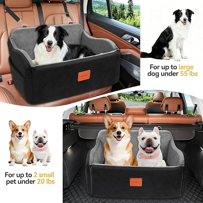 Dog Car Seat for Medium/Large Dogs, Memory Foam Pet Booster Seat for Under 55 lbs or 2 Small Dogs, Detachable Dog Car Bed for Backseat with 2 Safety Leashes and Pockets(Black/Grey, Large)