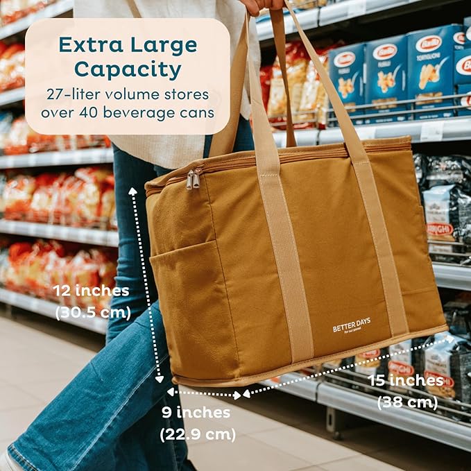 Nook Theory Reusable Insulated Grocery Bag - Leak Proof, X Large Cooler Bag - Insulated Shopping Bags for Groceries - Travel Cooler Bag for Frozen and Hot Food with Zippered Top (Deep Blue)