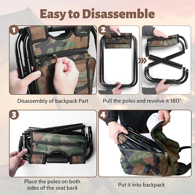 Folding Camping Chair Stool Backpack with Cooler Insulated Picnic Bag, Portable Hunting Fishing Multifunction Chair for Outdoors Hiking Hunting Travel (Camouflage)