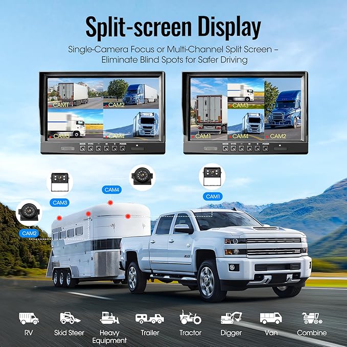 4-Wired Backup Camera System, 10.1" DVR Quad Screen Rear Side View Cameras, IP69 Waterproof IR Night Vision, 20G Vibration-Proof for Trailer/RV/Tractor/Combine/Skid Steer/Heavy Equipment, Y4