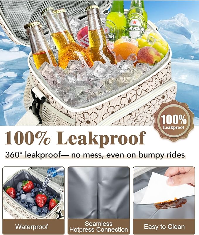 Insulated Lunch Bag for Men & Women, 9L Leakproof Lunch Box Soft Cooler Tote with 5 Pockets, 600D Oxford, EVA Lining, Adjustable Strap for Work, Picnic, Beach&Travel-Corduroy Small Flower