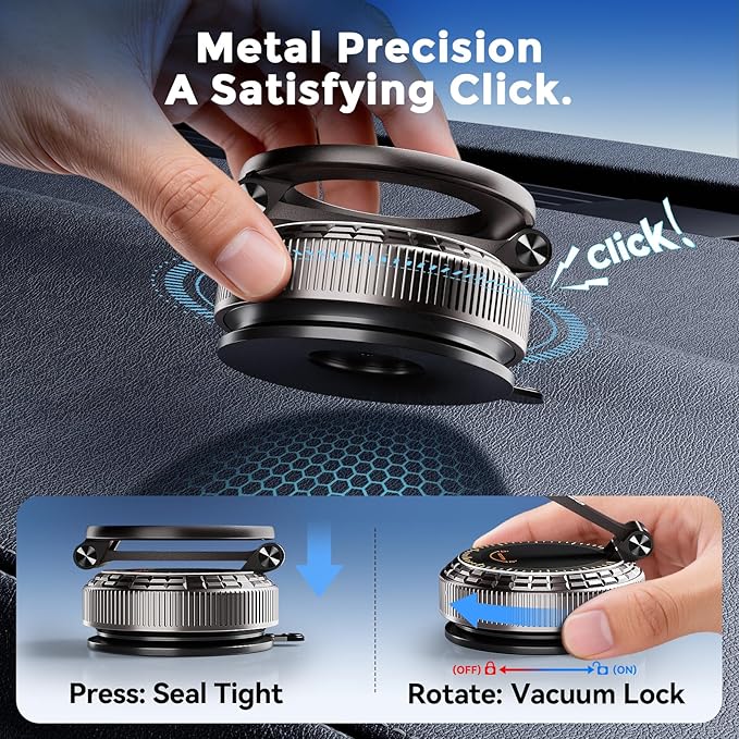 2026 Upgraded Metal Base Vacuum Magnetic Car Phone Holder, 360° Rotatable & Ultra Secure, Super Strong Suction for MagSafe iPhone Android Phone Mount for Car Gym Mirror
