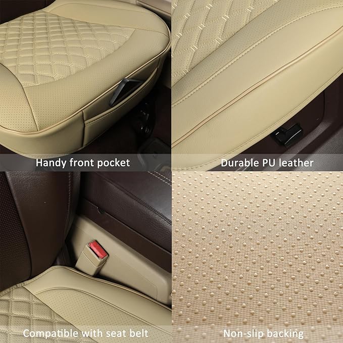 GIANT PANDA Bottom Seat Cover for Trucks&SUV, Front PU Leather Driver Seat Protector Fit for Chevy,Ram,Toyota,GMC,Ford F150 F-Series (2PCS-Beige)