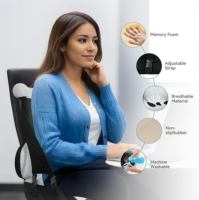 Memory Foam Lumbar Support Pillow, Car Seat Cushion, Office Chair Cushion, One Piece Chair Pad, Improve Posture, Sciatica, Hip & Back Coccyx Tailbone Pain